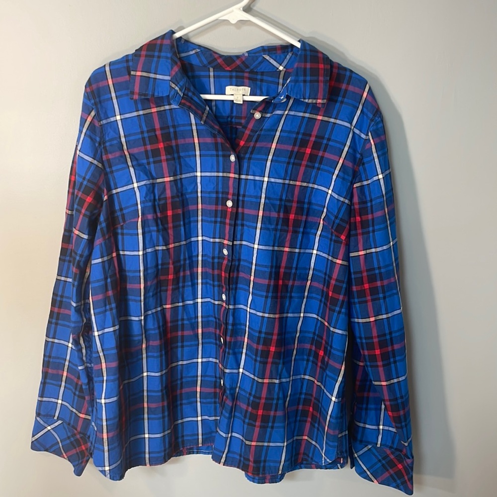 Talbots Womens Large Blue/Red/White/Black Plaid Button Down Long Sleeves
